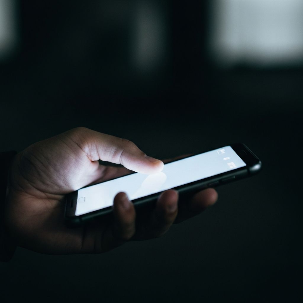 Mão segurando celular no escuro, hesitando antes de enviar uma mensagem