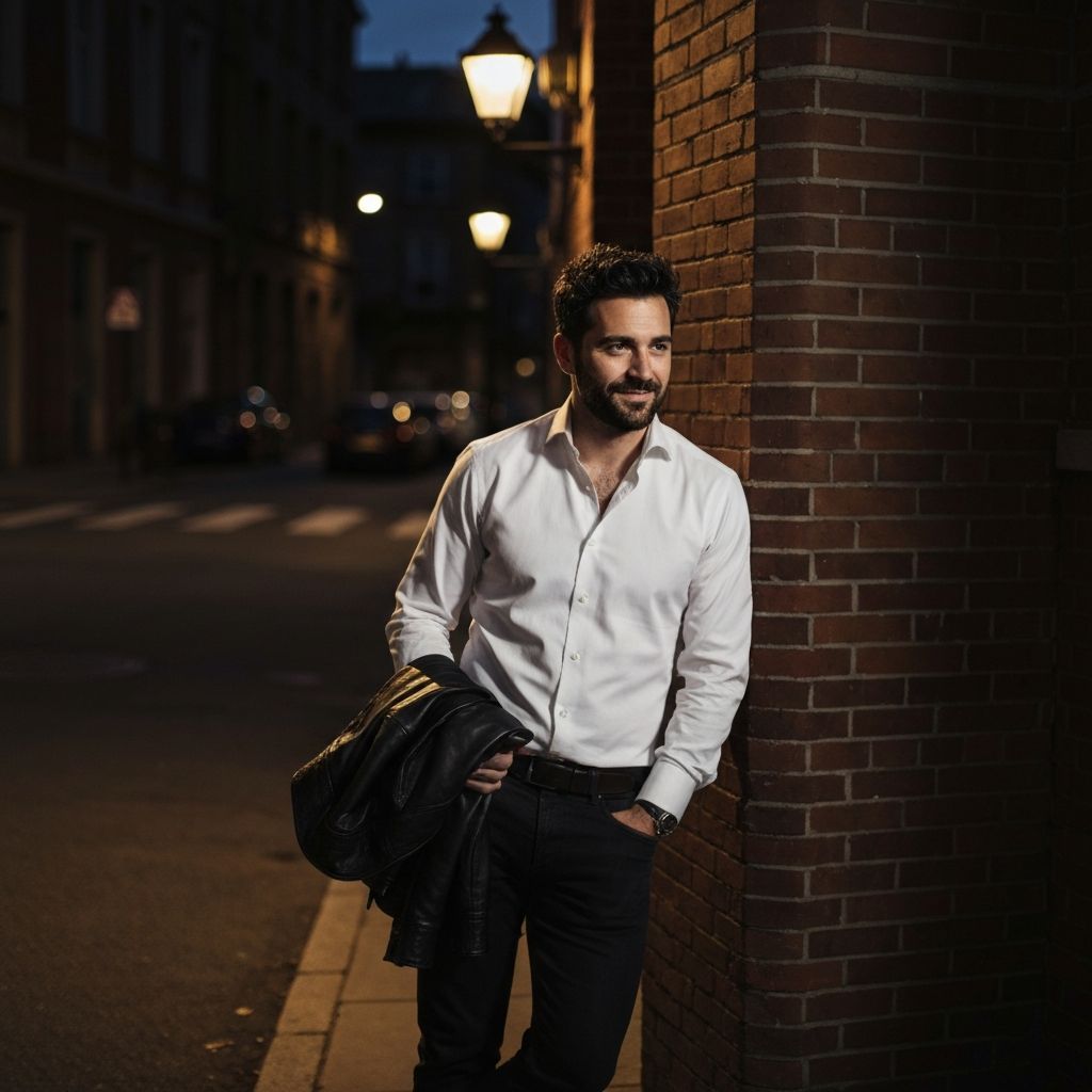 Homem caminhando sozinho por uma rua urbana \u00e0 noite com express\u00e3o neutra e leve